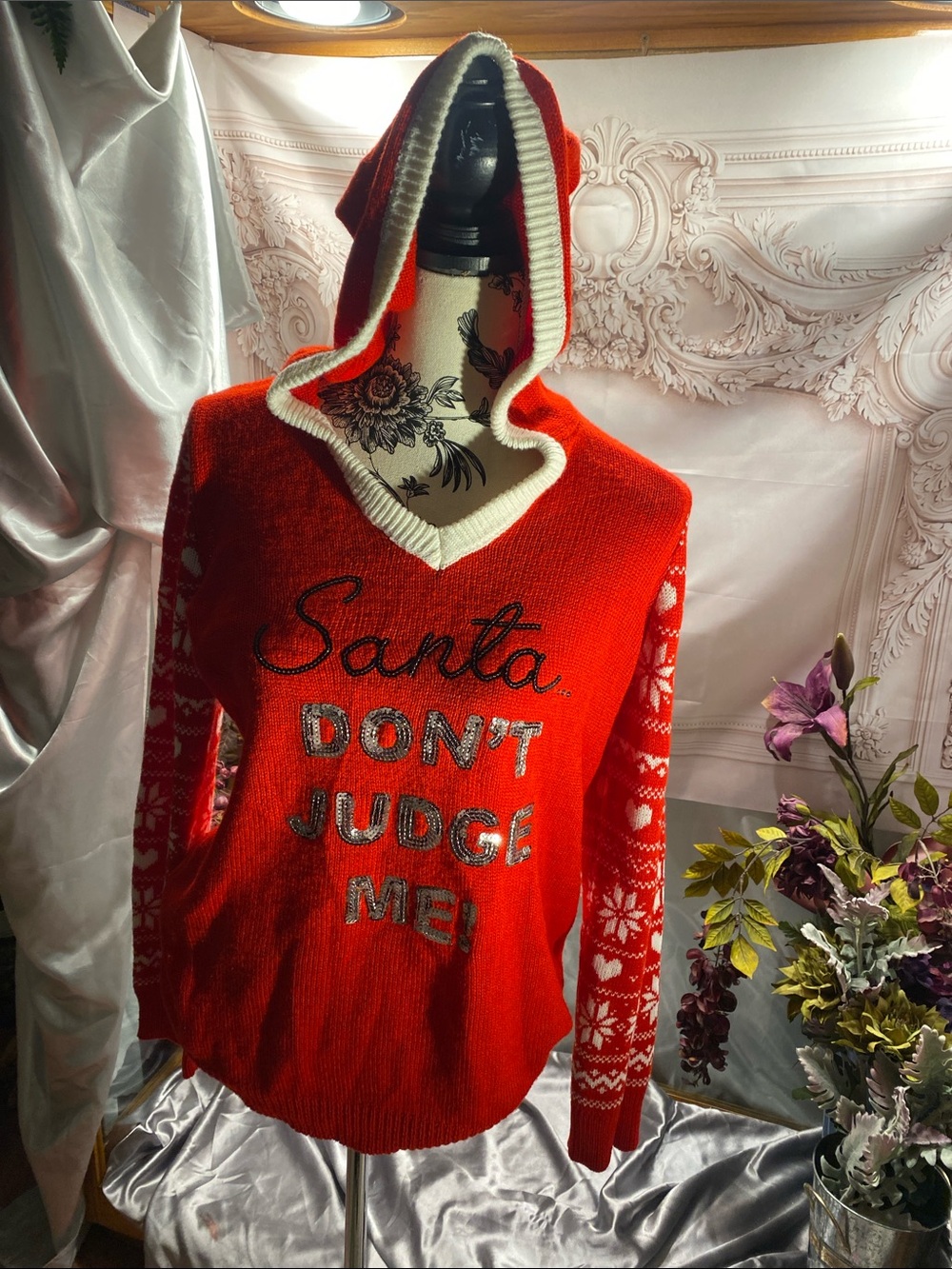 No Boundaries Red Hooded V-Neck Sweater with White Trim